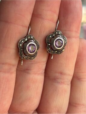 Pretty Sterling Silver Marcasite and Purple Stone Earrings